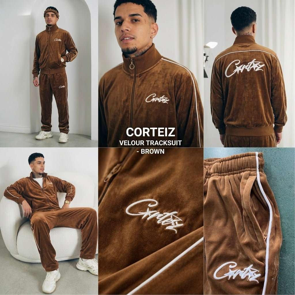 CORTEIZ VELOUR TRACKSUIT – BROWN (FULL SET)
